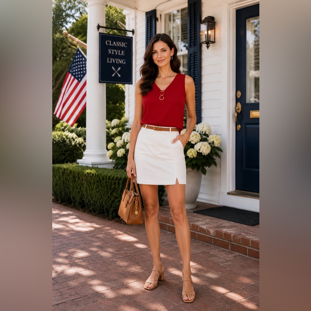 NY Collection Sleeveless Red V-Neck Tank with Ring Accent